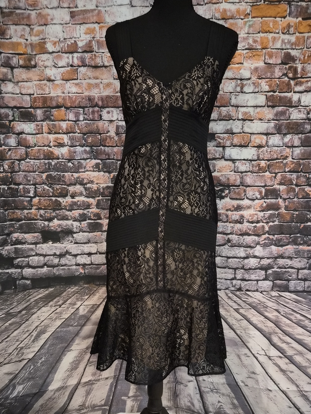 LOFT Black Lace Midi Dress with Ribbed Waist Panels